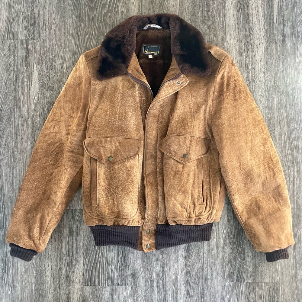 Vintage Richman Genuine Leather Brown Flight Bomber Jacket Faux Fur Collar Sz M